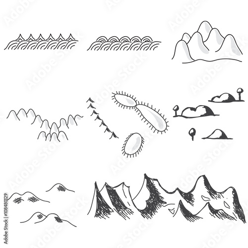 Set of hand drawn mountains symbols in map. Vector illustration.
