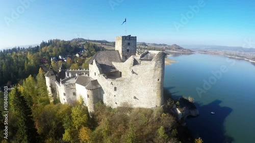 Aerial footage of Niedzica Castle at Czorsztyn Lake in Poland 