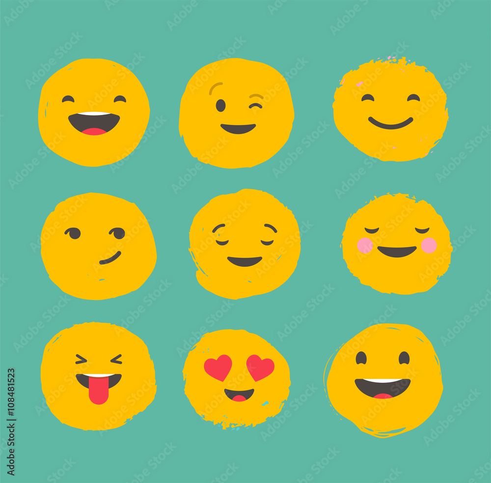 Fototapeta premium Hand drawn emoticons, colorful emoji icons with communication speech bubbles