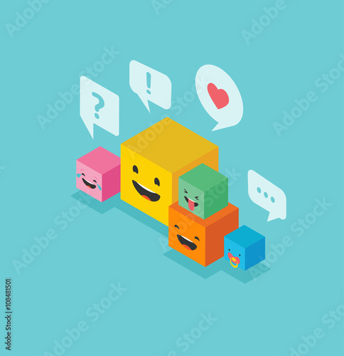 Isometric family square emoticons colorful emoji with communication speech bubbles