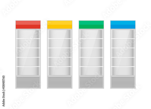 Fridges with glazed door on white background.