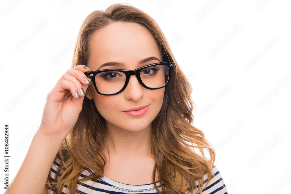 Close up photo of pretty smart girl touching her glasses