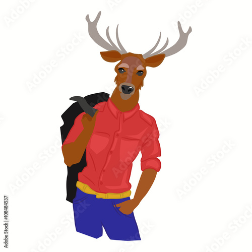 Hand drawn illustration of deer man with horns dressed up in fashionable style. Deer dressed up in cool clothes. Fashion animal design. Deer boy hipster. Vector creative poster. Magazine fashion look © ariydesign