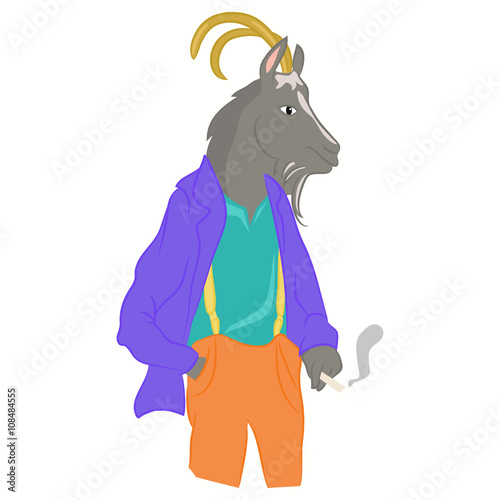 Hand drawn illustration of goat man with horns dressed up in fashionable style. Goat dressed in cool clothes. Fashion animal design. Goat boy hipster smoking. Vector poster. Magazine fashion look