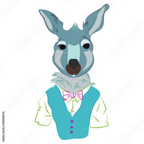 Hand drawn illustration of kangaroo man dressed up in fashionable style. kangaroo dressed in cool clothes., vest and bow tie. Fashion animal design. kangaroo hipster. Magazine fashion look. Vector
