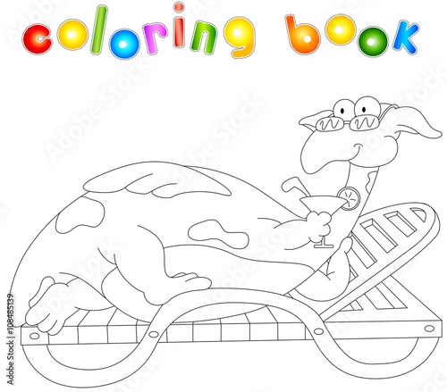 Cartoon dragon lying on a lounger and drinking a cocktail. Color