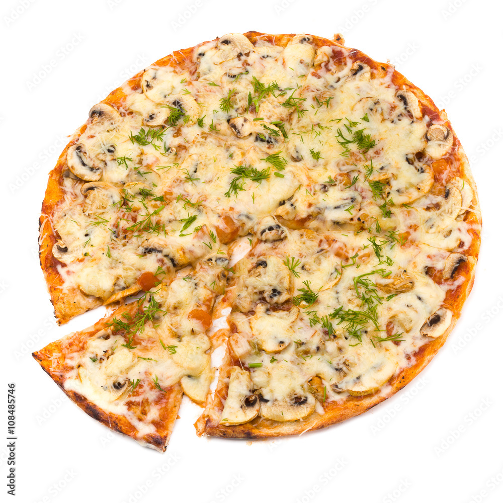 Pizza with cheese and ham isolated on white Pizza with cheese and ham isolated on white
