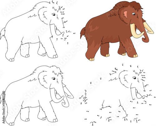 Cartoon mammoth. Coloring book and dot to dot game for kids