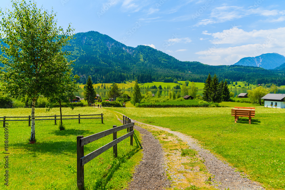 Rural road in summer landscape of Weissensee lake, Carinthia land, Austria