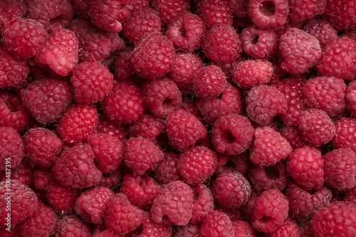 Close-up colorful juicy background from many red raspberries