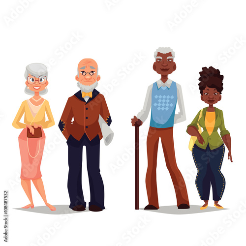 Couples elderly, old black man and an old black woman, grown old married couple, vector cartoon illustration of a set of people on a white background, a great age