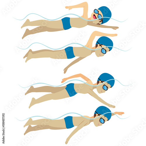 Set with athlete man swimming free style stroke on various different poses training