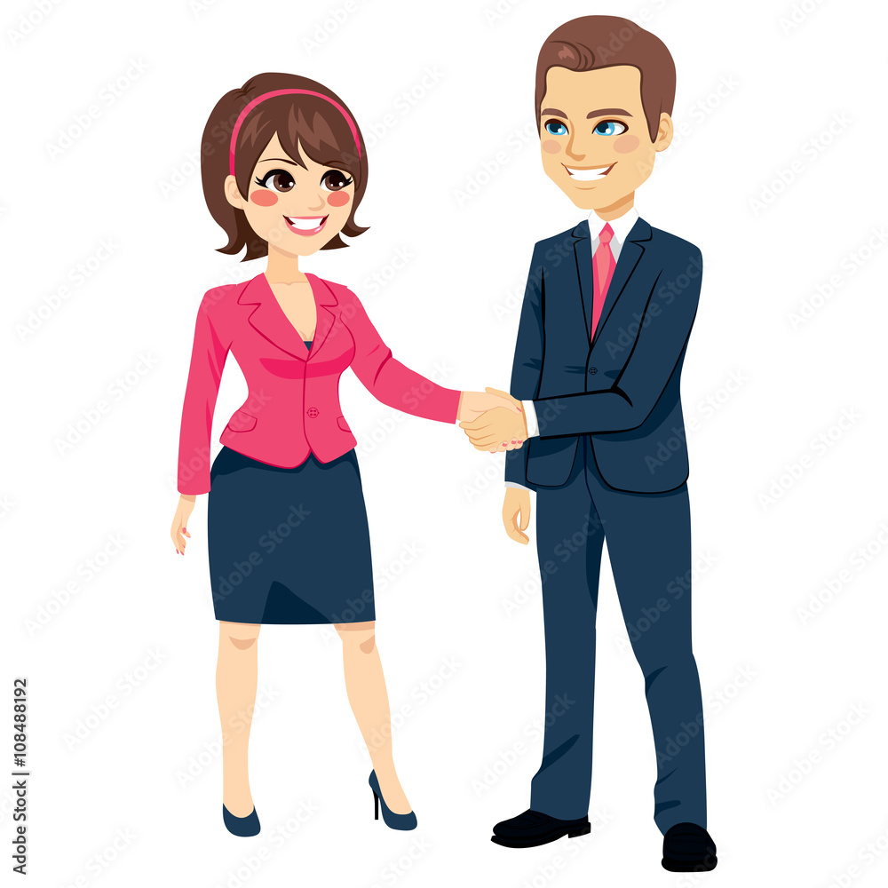 Businessman shaking hands with businesswoman happy standing negotiating Businessman shaking hands with businesswoman happy standing negotiating