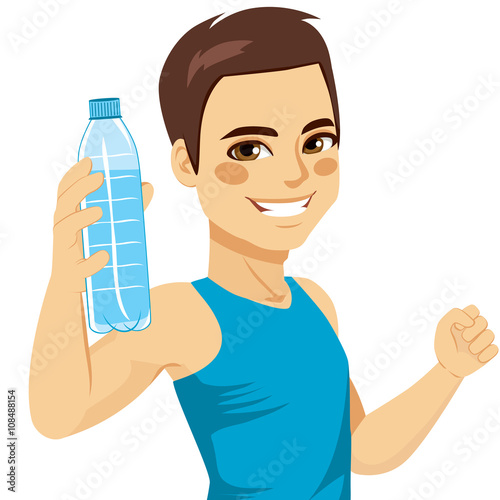 Healthy young man showing bottle of mineral water smiling happy