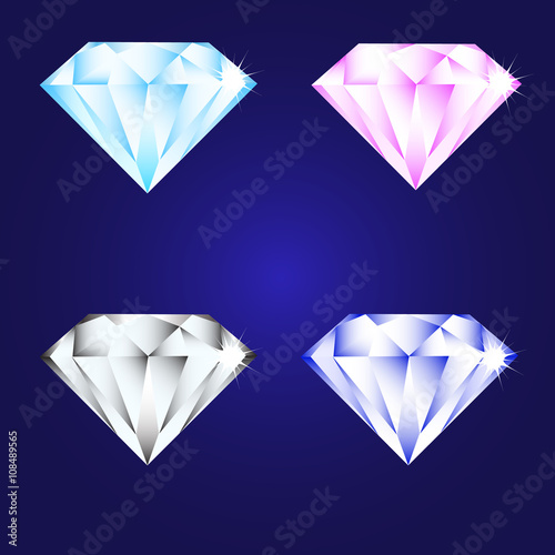 3d luxury diamond brilliant icon set different colors on a deep blue background