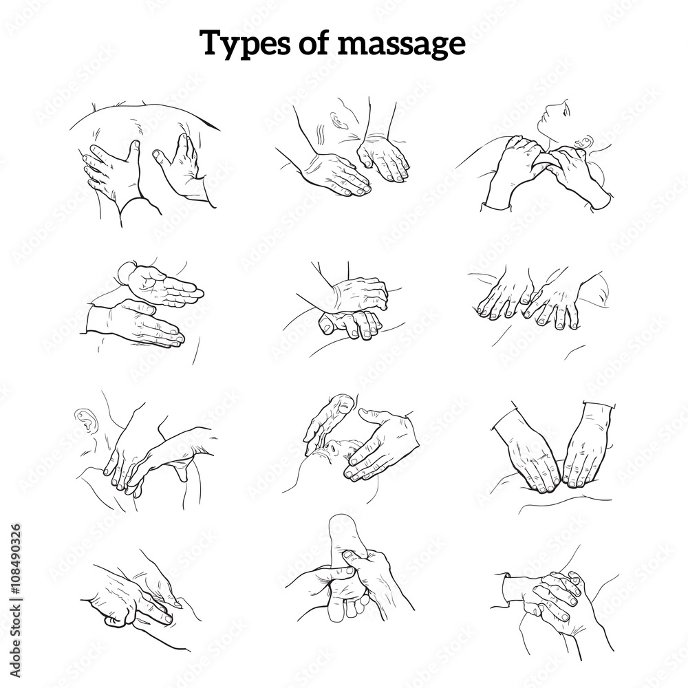 Hand massage, foot massage, back massage. Types of massage. Set with image of massage. Face massage. Massage therapy. Therapeutic manual massage. Relaxing therapy. Massage icons. Body massage