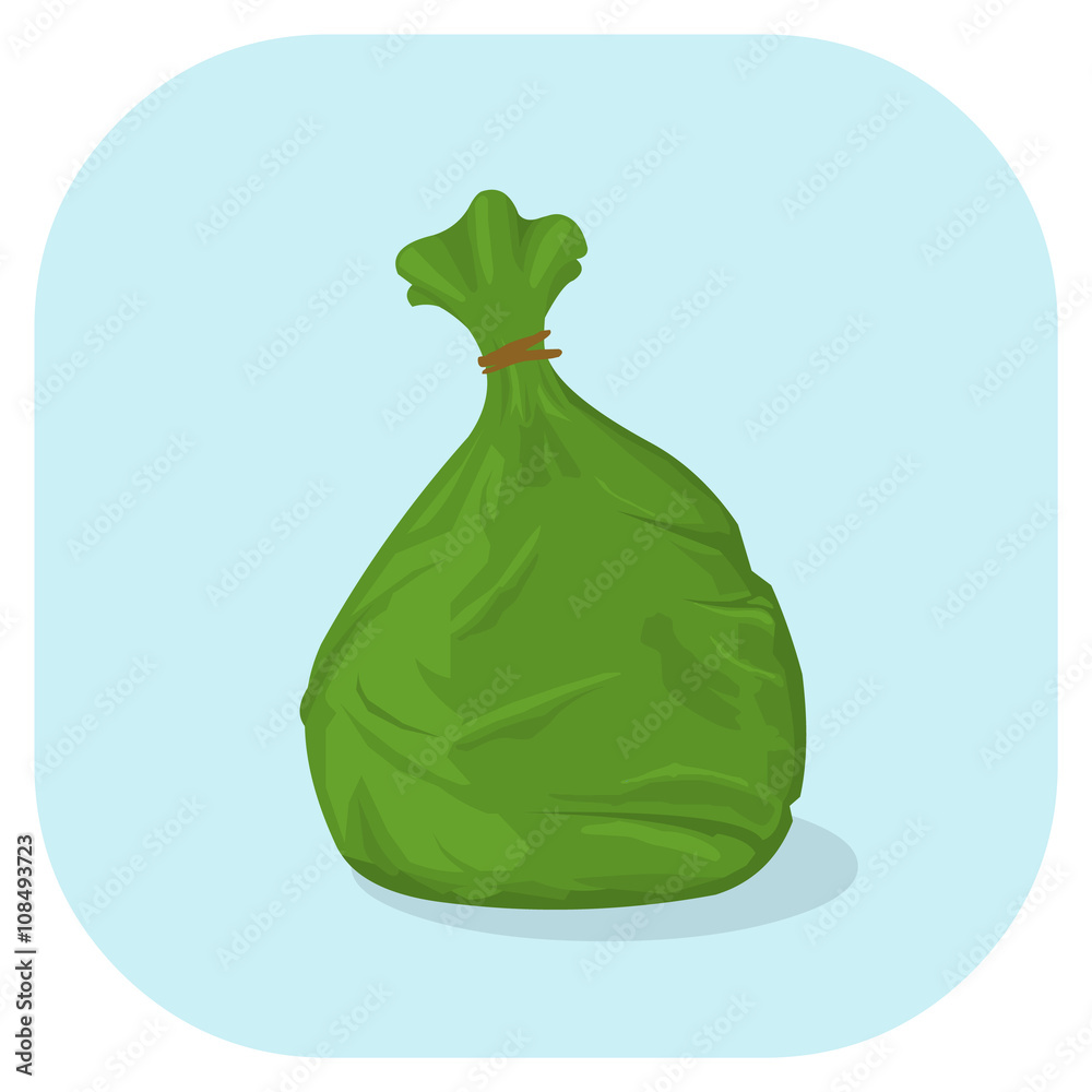 Naklejka premium Vector illustration of a Green plastic garbage bag icon. Plastic trash sacks ready for disposal and bin collection. 