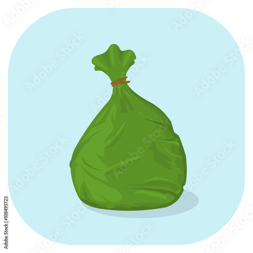 Vector illustration of a Green plastic garbage bag icon. 
Plastic trash sacks ready for disposal and bin collection. 
