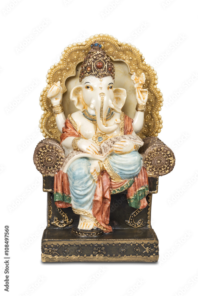 Figurine of Hindu god of wisdom, knowledge and new beginnings Ganesha isolated with clipping path.