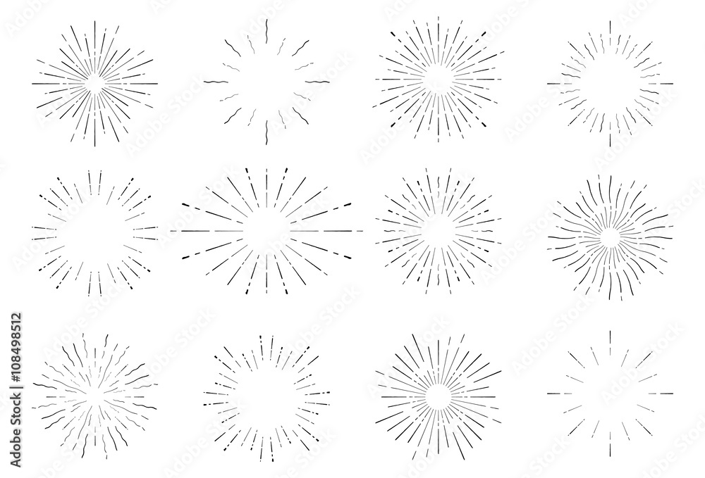 Sunburst vintage set. Hand drawn retro vector bursting rays.