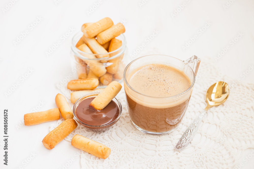 coffee and flour sticks on a table, selective focus coffee and flour sticks on a table, selective focus