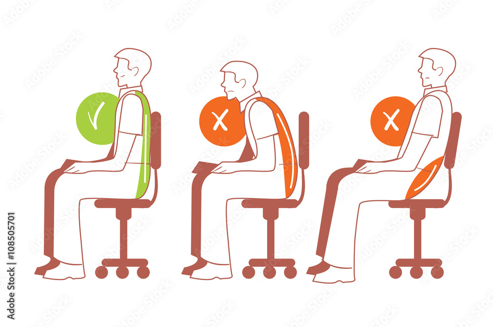 Sitting positions. Correct and bad sitting position, back pain, bitmap illustration