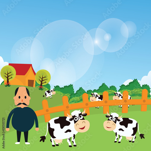 farmer stand with his farm cow cattle eat grass in green field cartoon vector drawing illustration