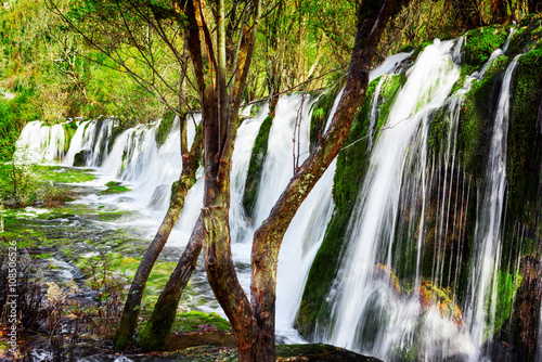 Scenic waterfall with crystal clear water among green woods