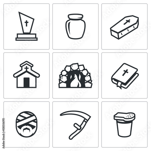 Vector Set of Funeral Icons. Burial, Cremation, Coffin, Church, Crematorium, Prayer, Mummification, Death, Funeral.