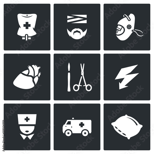 Vector Set of Hospital Icons. Drip, Patient, Mask, Heart, Scalpel and Scissors, Electric Discharge, Nurse, Ambulance, Pillows.