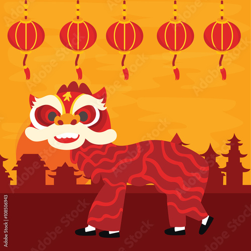 Chinese traditional dragon dance barongsai happy new lunar year celebration attraction red color