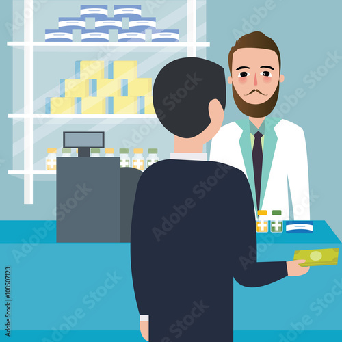 people consumer buying drug in drug-store pharmacy store at counter payment cashier 