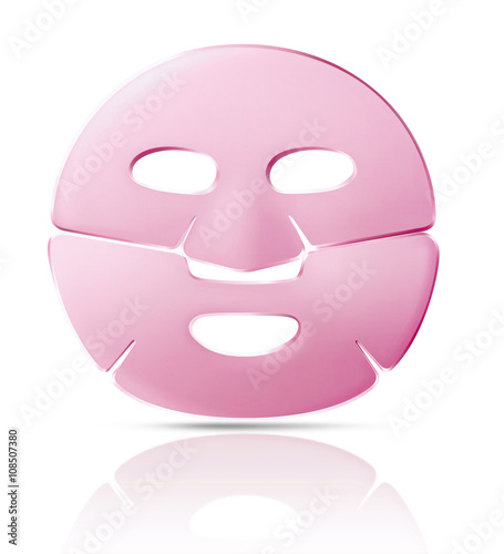 Pink facial sheet mask with shadow, isolated on white background. 