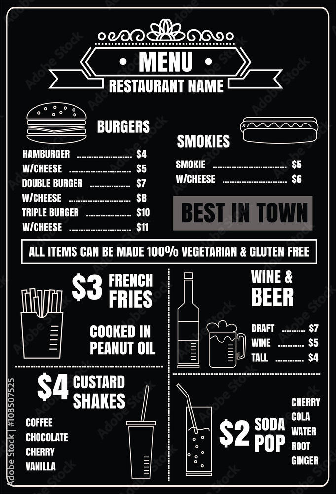 Fototapeta premium Restaurant menu design elements with chalk drawn food and drink