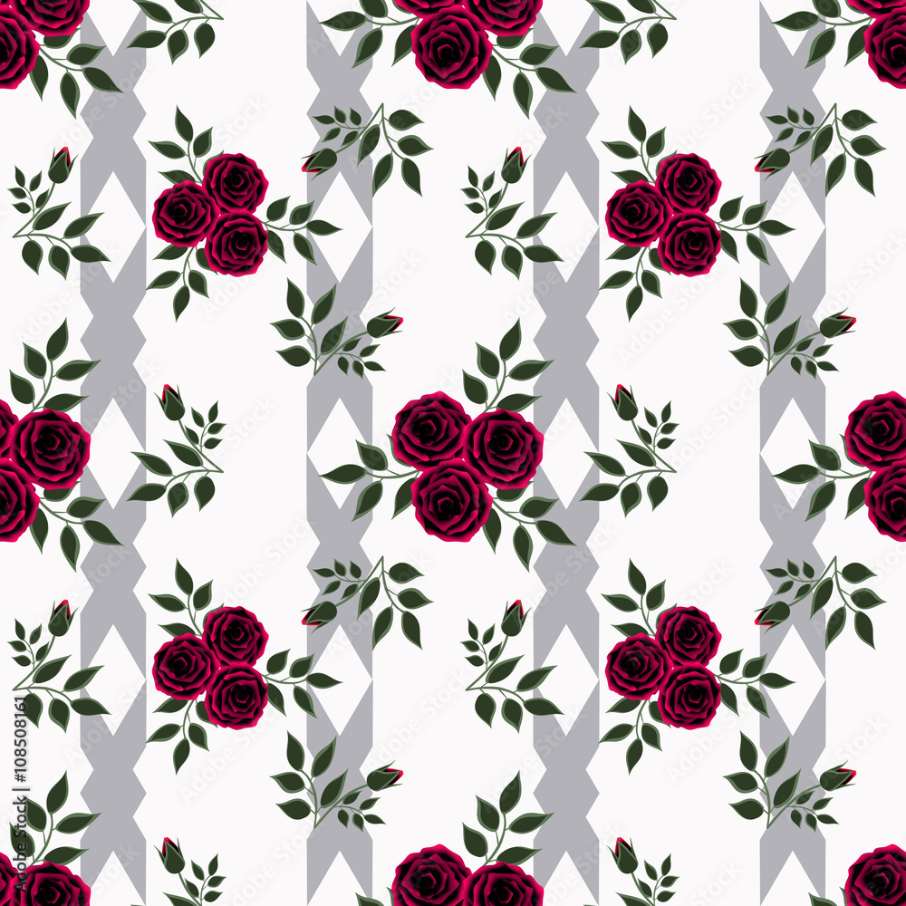 Seamless flowers from red rose pattern on a white background with grey lines Seamless flowers from red rose pattern on a white background with grey lines