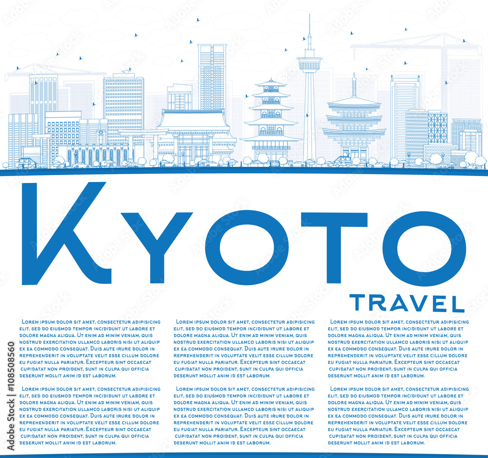 Outline Kyoto Skyline with Blue Landmarks and Copy Space.