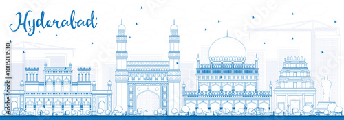 Outline Hyderabad Skyline with Blue Landmarks.