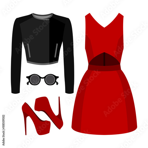 Set of trendy women's clothes with dress, jacket and accessories. Vector illustration