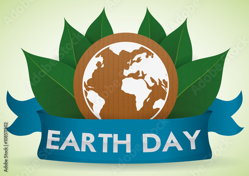 White Earth in Cardboard with Leaves behind Earth Day Ribbon, Vector Illustration