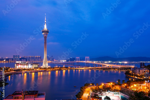 Night view of Macau Tower in Twilight Time