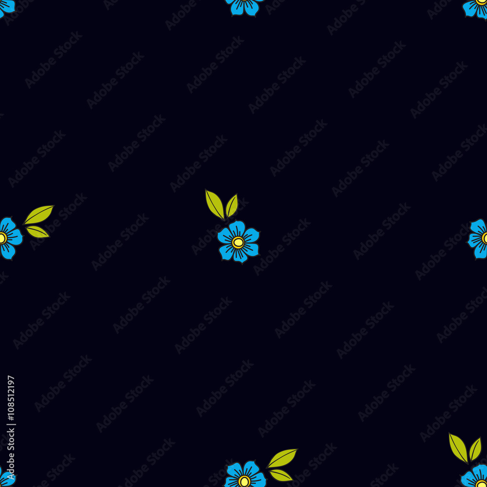 Blue flowers in the old style tattoo. Floral seamless pattern on a black background. Texture