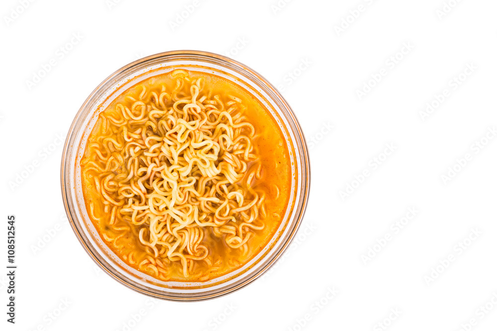 Top view on bowl of convenient but unhealthy instant noodle with sodium flavored soup on white background Top view on bowl of convenient but unhealthy instant noodle with sodium flavored soup on white background