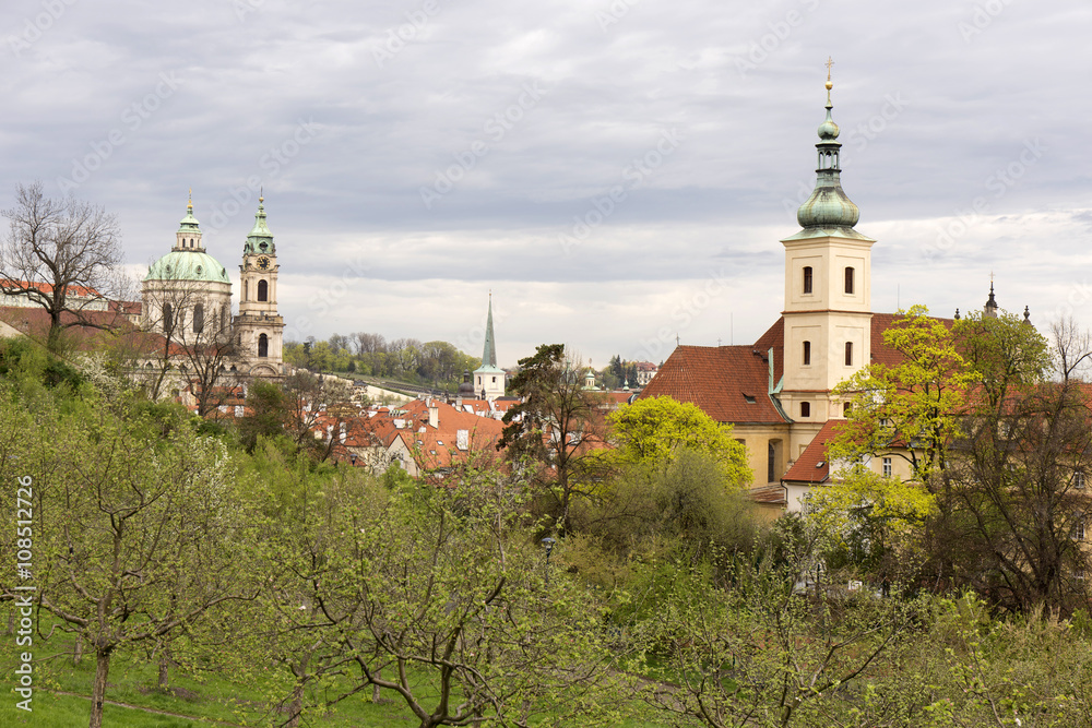 View on the spring Prague City with green Nature and flowering Trees, Czech Republic