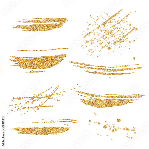 Vector gold paint smears set. Gold glitter element on white background. Gold shiny paint stroke. Abstract gold glitter dust. Gold glittering paint stains.