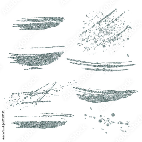 Vector silver paint smears set. Silver glitter element on white background. Silver shiny paint stroke. Abstract silver glitter dust. Silver glittering paint stains.