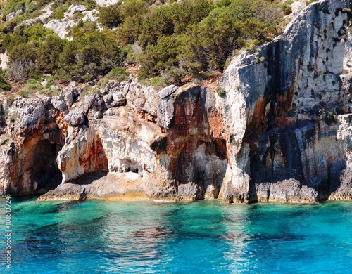 Beatufiul sea against colorful rocks. Zakynthos Island, Greece