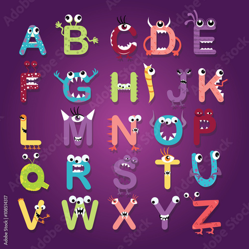 alphabet font monster character fun kids funny color-full letters abc design vector illustration 