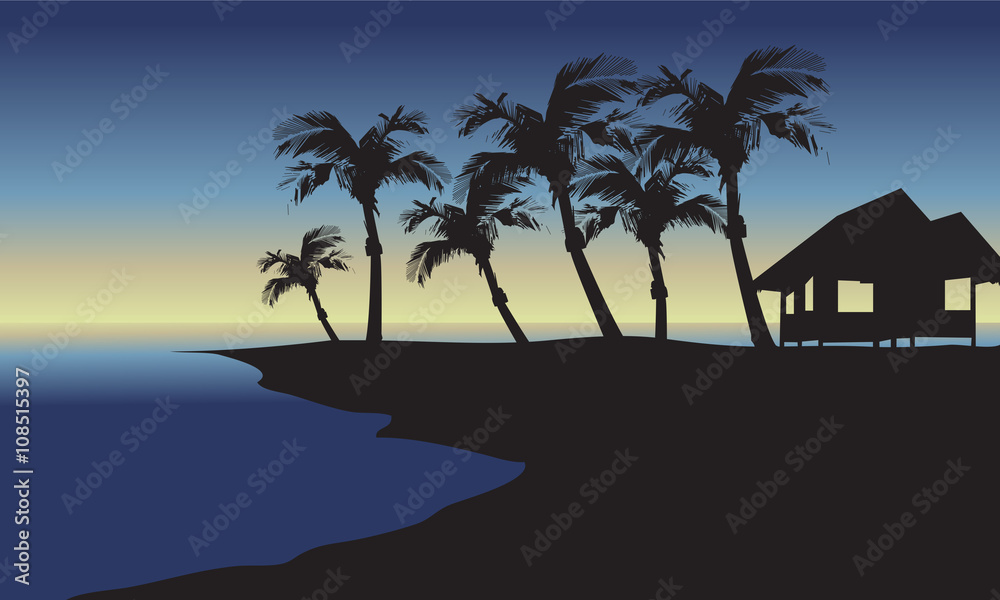 Silhouette of hut and palm