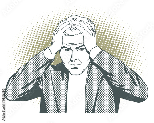 People in retro style. Man clutching his head.
