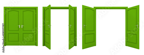 Open green double door isolated on a white background